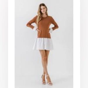 English Factory Mixed Media Mini Dress Brown White Size S NWT MINOR FLAW SEE PHO
